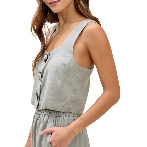 MARY LAWLESS LEE X SPLENDID Linen Top Sage Medium Apron Button Front Cross back - Picture 2 of 16